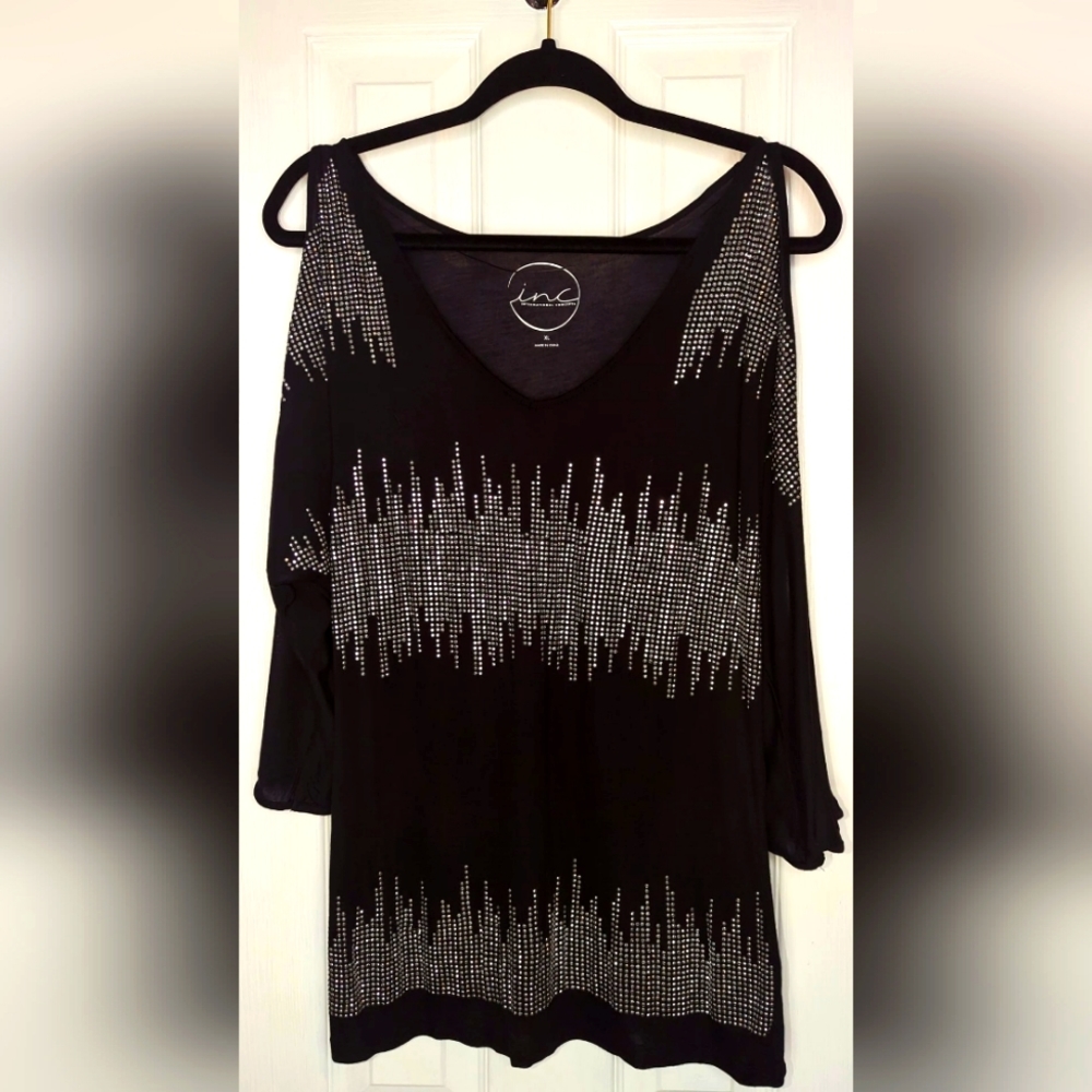 INC Black Rhinestone Cold-Shoulder Top